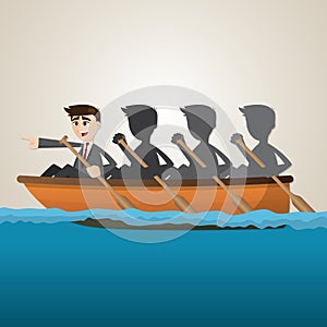 Cartoon business team rowing on sea