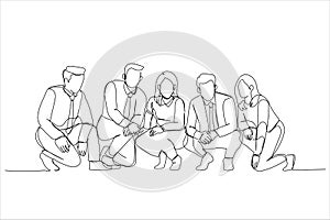 Cartoon of business team squating after brainstorming session full of ideas. Single continuous line art style