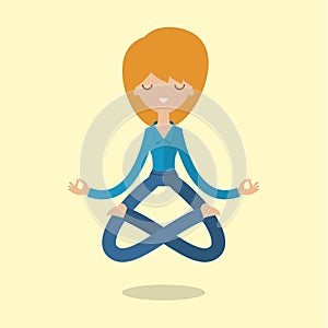 Cartoon business woman is doing yoga