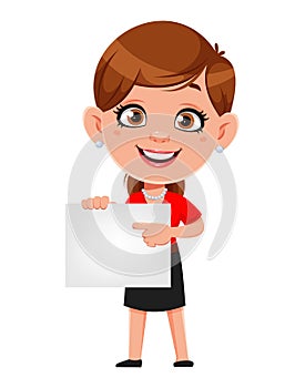 Cartoon business woman holding blank placard