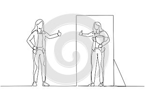 Cartoon of business woman looking into mirror self giving thumb up concept of self love. Single continuous line art