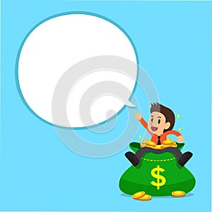 Cartoon businessman and big money bag with white speech bubble