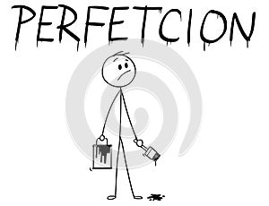 Cartoon of Businessman With Brush and Paint Can Painting the Word Perfection With Spelling Mistake photo