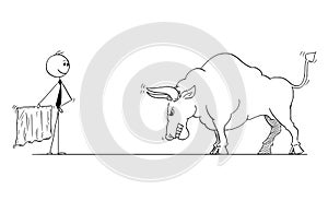 Cartoon of Businessman Bullfighter Provoking Bull as Rising Market Prices Symbol With Cloth or Muleta