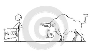 Cartoon of Businessman Bullfighter Provoking Bull as Rising Market Prices Symbol With Cloth or Muleta