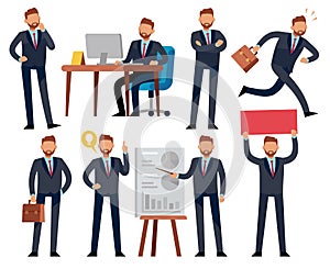 Cartoon businessman. Business professional man in different office work situations. Vector characters set