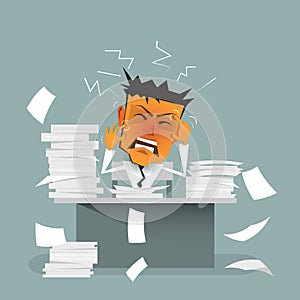 Cartoon businessman busy, stress or tension, overworked, depressed and exhausted