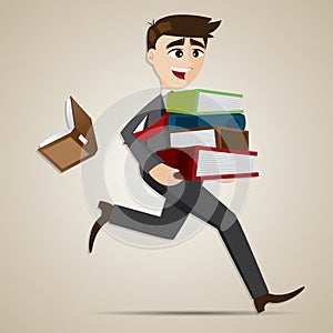 Cartoon businessman carry stack of folder and dropped book