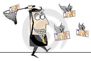 Cartoon businessman catching flying money