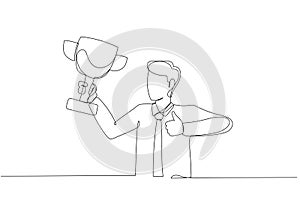 Cartoon of businessman champion get award prize celebrating archievement. One line art style