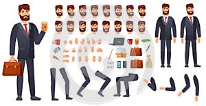 Cartoon businessman character kit. Business characters constructor, different hands gestures, face emotions and legs