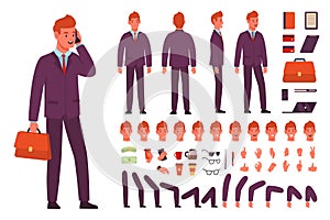 Cartoon businessman character kit. Office employee different poses, various emotions, separate body parts in different