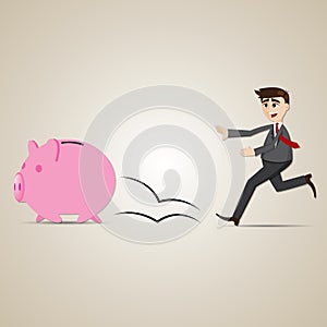 Cartoon businessman chasing piggy bank