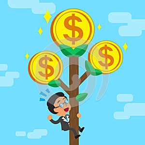 Cartoon businessman climbing money tree