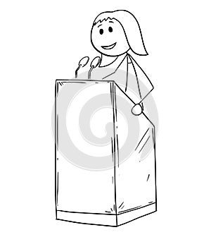 Cartoon of Businessman Conference Woman Speaker or Orator on Podium Behind Lectern