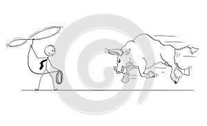 Cartoon of Businessman Cowboy Trying to Catch Bull as Rising Market Prices Symbol With Lasso or Rope