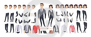 Cartoon businessman creation kit. Business woman and man or managers constructor, body gesture and hairstyle and