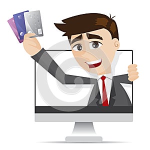 Cartoon businessman with credit cards out of moniter photo