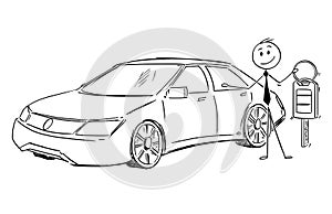 Cartoon of Businessman or Dealer or Salesman Offering Car and Key