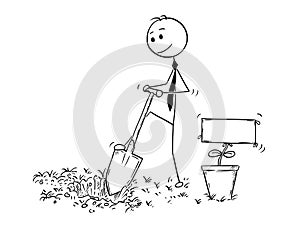 Cartoon of Businessman Digging a Hole for Plant with Empty Sign