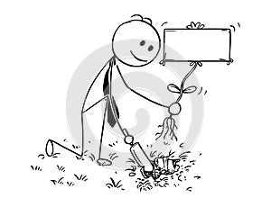 Cartoon of Businessman Digging a Hole for Plant with Empty Sign