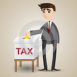 Cartoon businessman drop gold coin in tax box