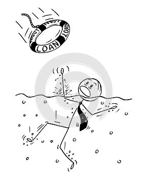 Cartoon of Businessman Drowning in Water, Someone Just Throw Him Loan as Lifebuoy