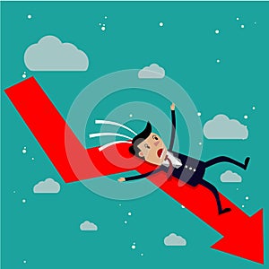 Cartoon businessman falling from the red chart arrow.