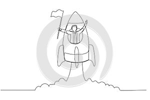 Cartoon of businessman with flag on a rocket ship launching. One line art style