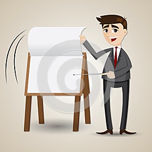 Cartoon businessman flip paper on presentation board