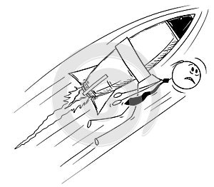 Cartoon of Businessman Flying Too High and Fast with Rocket on His Back