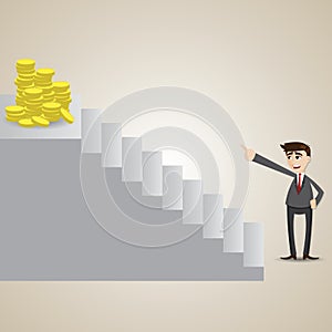 Cartoon businessman focus at gold coin on top of stair