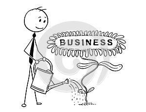 Cartoon of Businessman Gardener Watering Blooming Plant with Flower as Business Sign