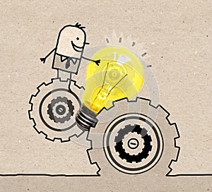 Cartoon Businessman with gears and Light Bulb