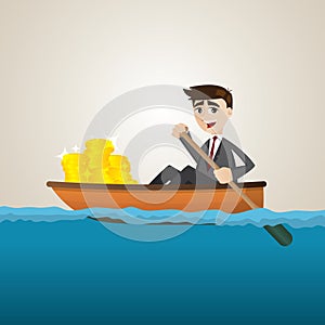 Cartoon businessman with gold coin on ship