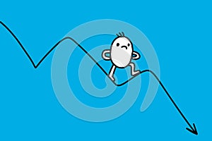 Cartoon businessman graphic with hand drawn down line. Trader vector minimalism. Sad vector character