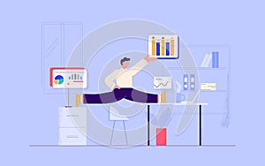 Cartoon businessman gymnastic working at office with graph and diagram vector flat illustration