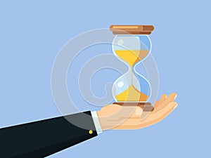 Cartoon businessman hand holding antique hourglass. Time management vector business concept with sand clock