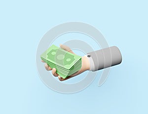 Cartoon businessman hands holding banknote isolated on blue background.quick credit approval or loan approval concept,3d