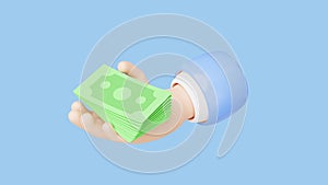 cartoon businessman hands holding banknote isolated on blue background. quick credit approval or loan approval concept, 3d
