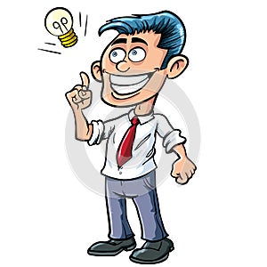 Cartoon businessman having a bright idea. He sees a lightbulb