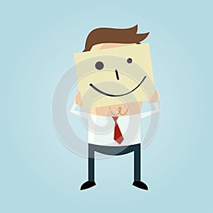 Cartoon businessman hiding his face behind a smiley face doodle