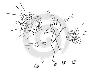 Cartoon of Businessman Hit or Stoned by Crumpled Paper Balls