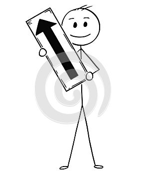 Cartoon of Businessman Holding Arrow Sign Pointing Left and Up