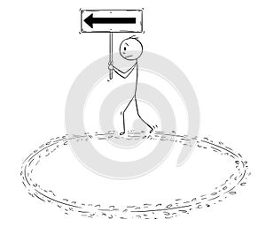 Cartoon of Businessman Holding Arrow Sign and Walking in Circle in Vain Effort