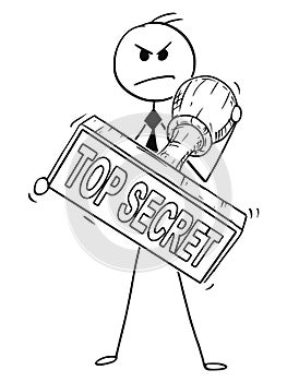 Cartoon of Businessman Holding Big Hand Rubber Top Secret Stamp