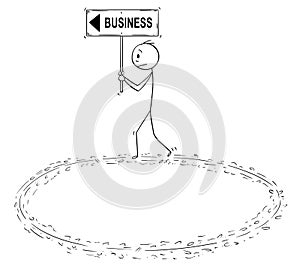 Cartoon of Businessman Holding Business Sign and Walking in Circle in Vain Effort