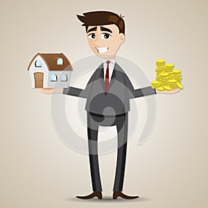 Cartoon businessman holding house and gold coin