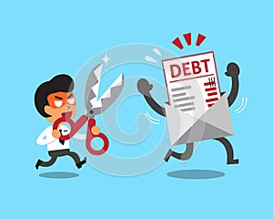 Cartoon businessman holding scissors to cut debt letter
