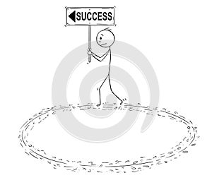 Cartoon of Businessman Holding Success Sign and Walking in Circle in Vain Effort